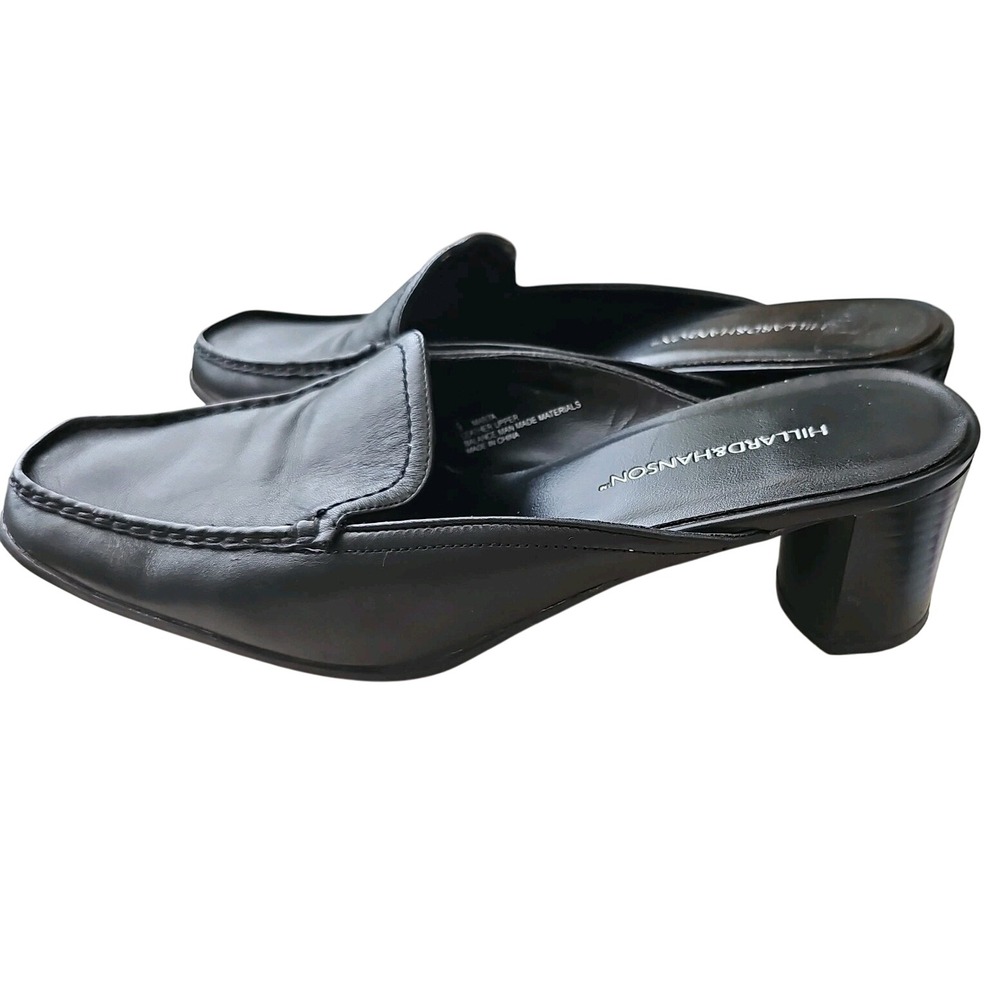 Hillard & Hanson Marta Black Leather Heeled Loafer Mules Block Heel Women's 9